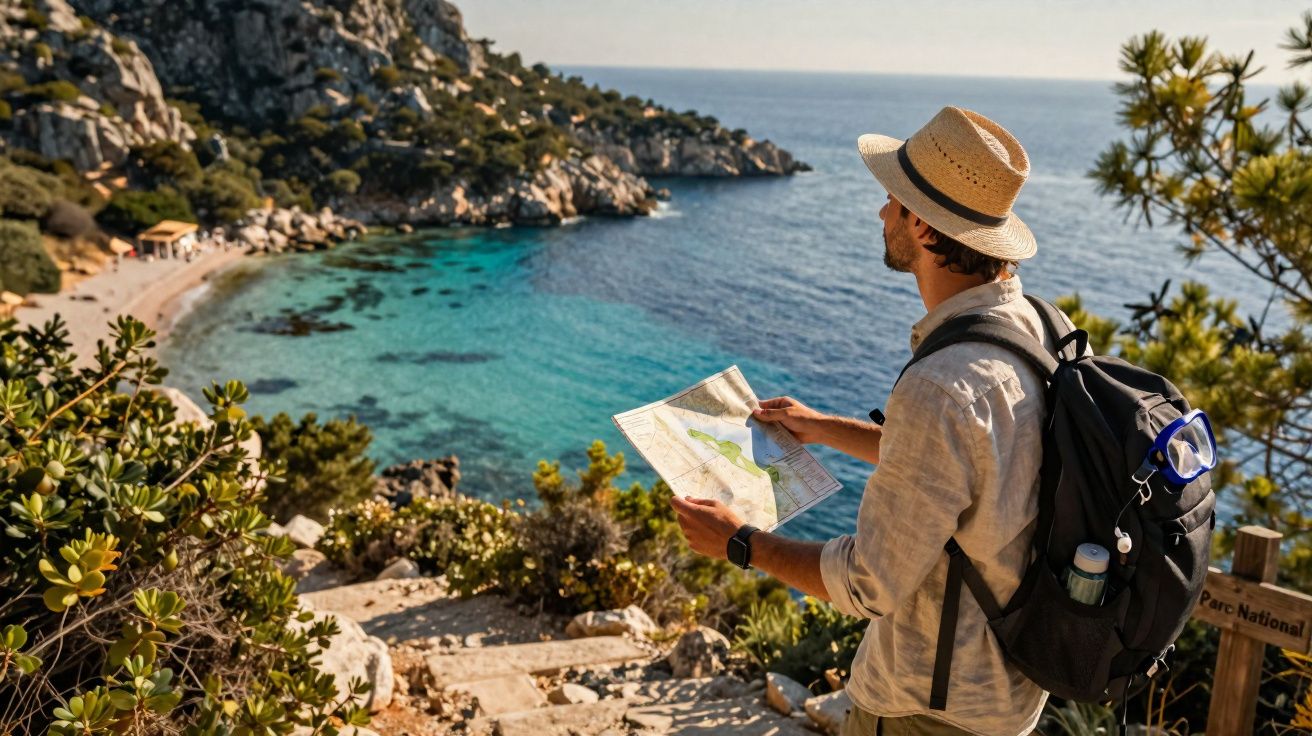 Homem com chapéu e mochila consulta mapa em trilha com vista para praia e mar azul em parque natural.