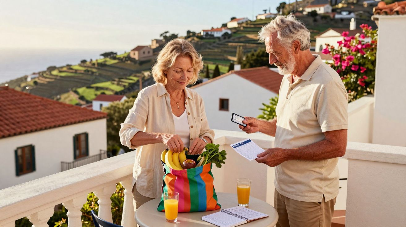 Casal idoso conferindo lista de compras e itens de mercado em varanda de casa ensolarada.