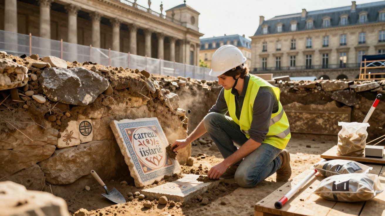 Arqueólogo com colete e capacete estudando azulejos antigos em escavação urbana.