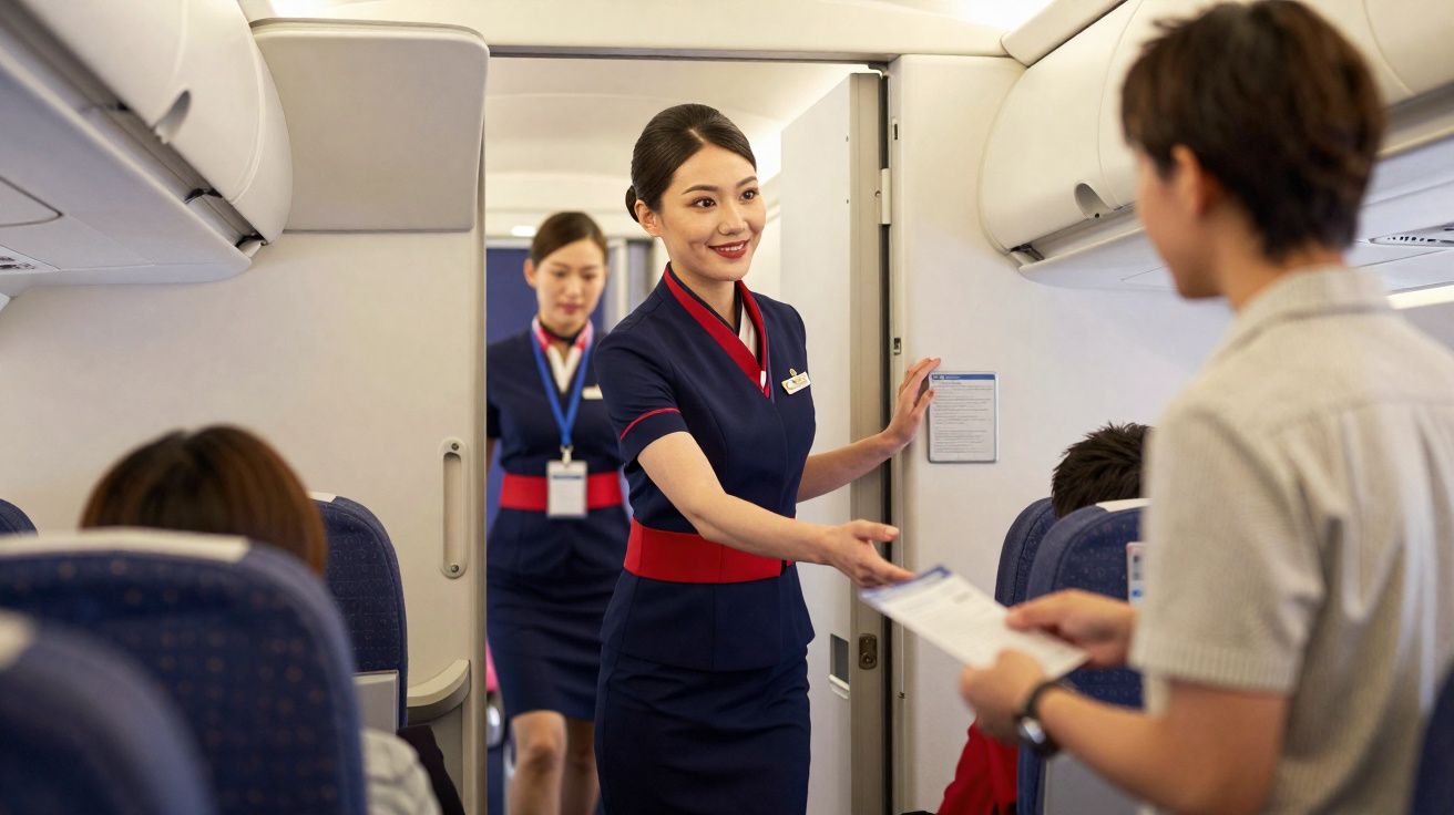 Comissária de bordo entregando documento para passageiro em avião com outra comissária ao fundo.