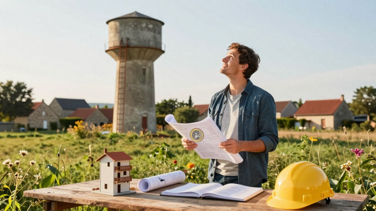 Homem com plantas de construção em mão observa torre antiga em área rural durante o dia.