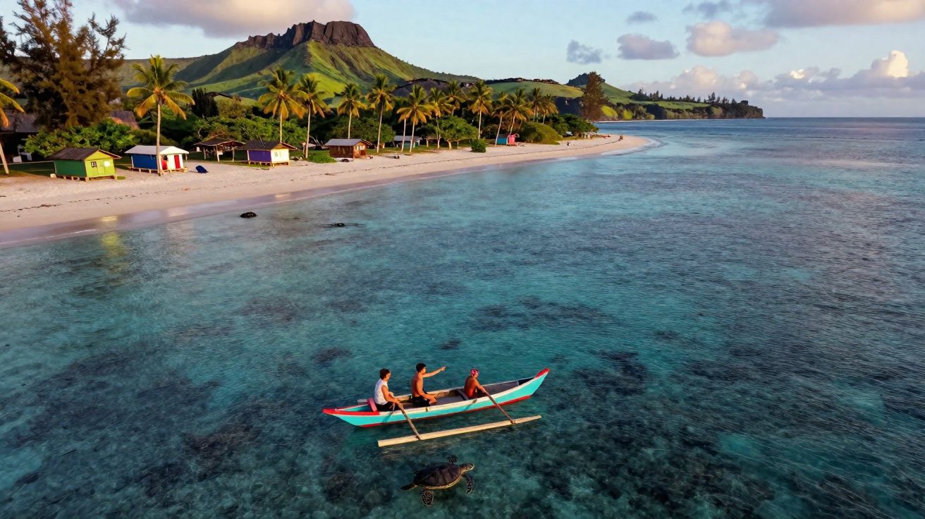 Três pessoas em canoa remando em mar cristalino próximo à praia com palmeiras e morro ao fundo.