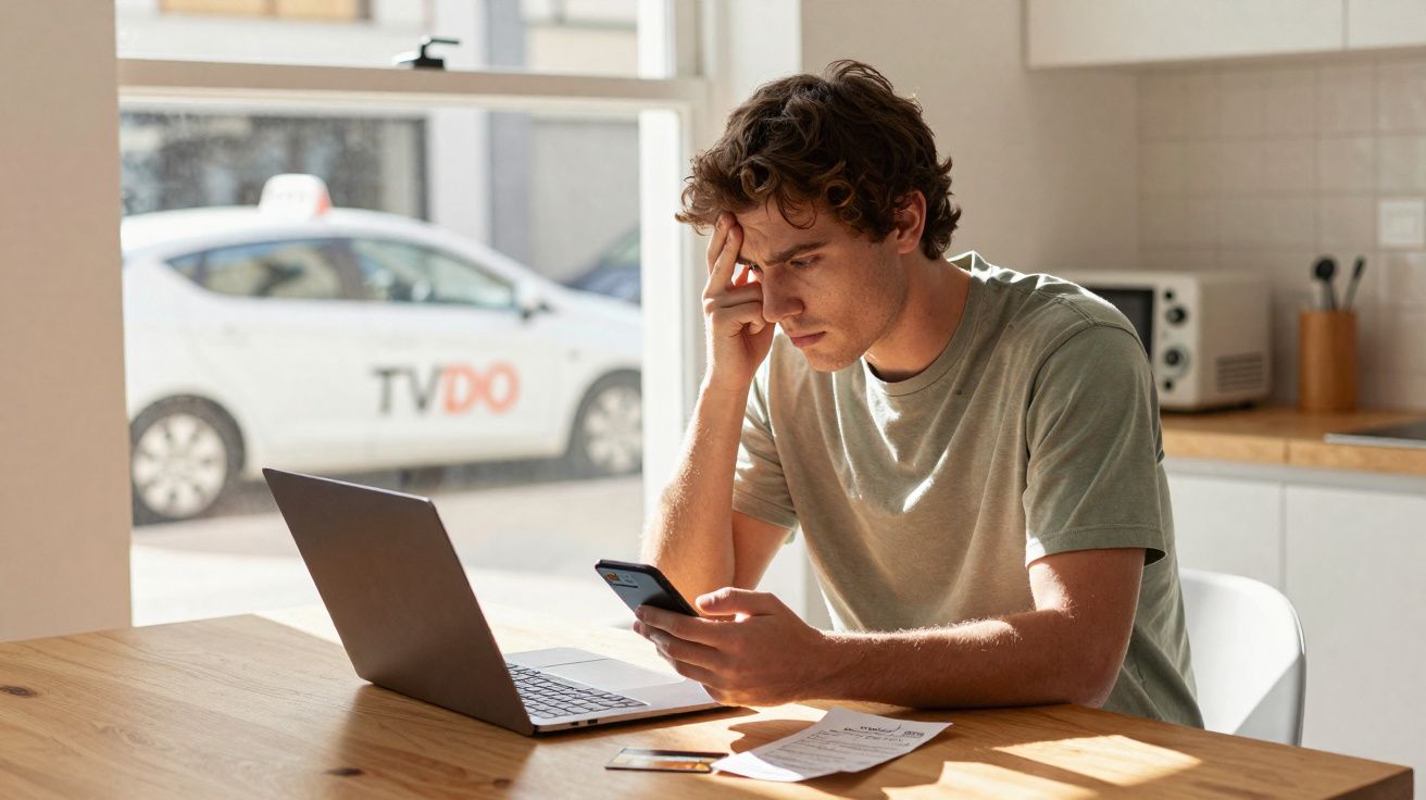 Jovem preocupado analisa celular sentado à mesa com notebook e papéis, dentro de uma cozinha clara.
