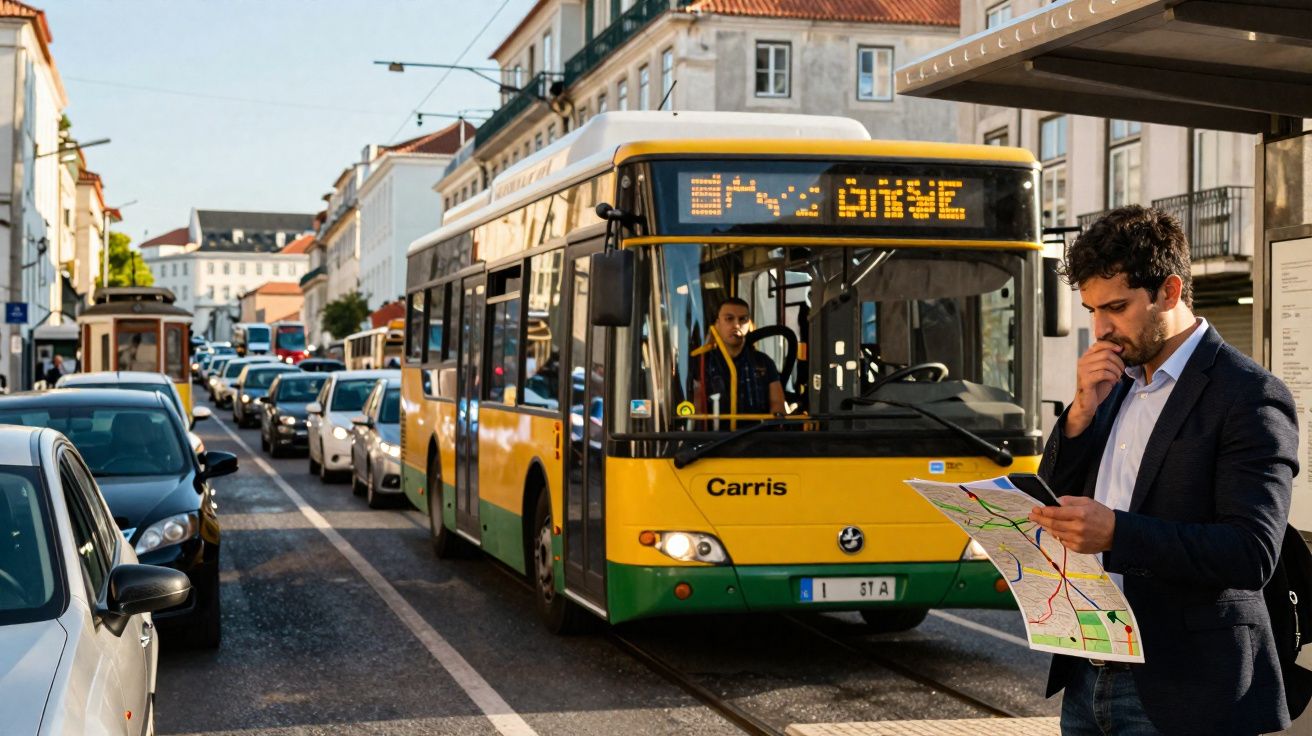 Homem confuso segurando mapa na parada de ônibus, com ônibus amarelo e trânsito ao fundo em dia ensolarado.