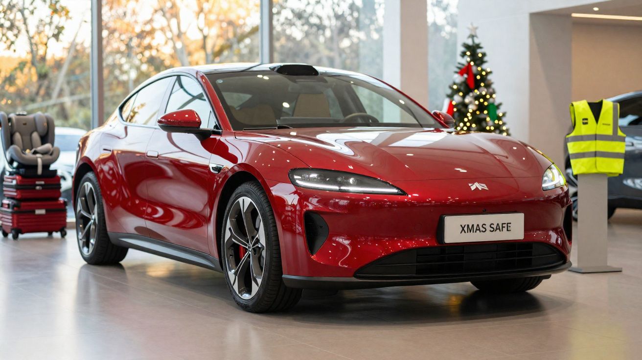 Carro elétrico vermelho modelo esportivo em showroom decorado com árvore de Natal e colete amarelo.