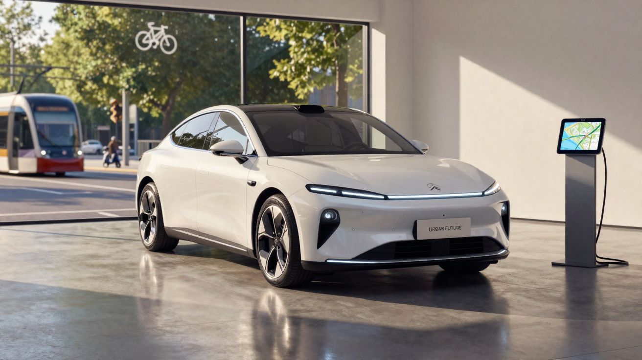 Carro elétrico branco estacionado em garagem moderna com estação de carregamento e janela para rua urbana.