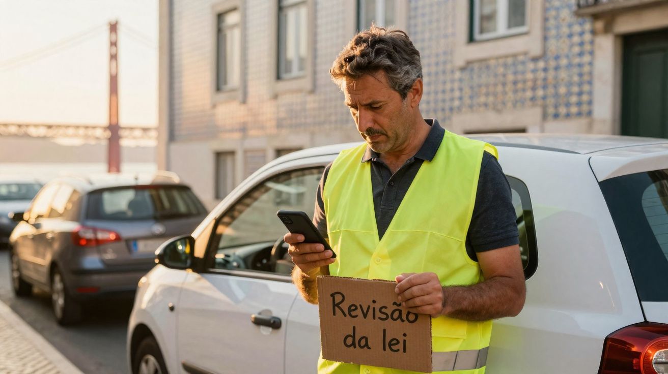 Homem com colete amarelo segura placa "Revisão da lei" e olha para celular em rua com carros estacionados.
