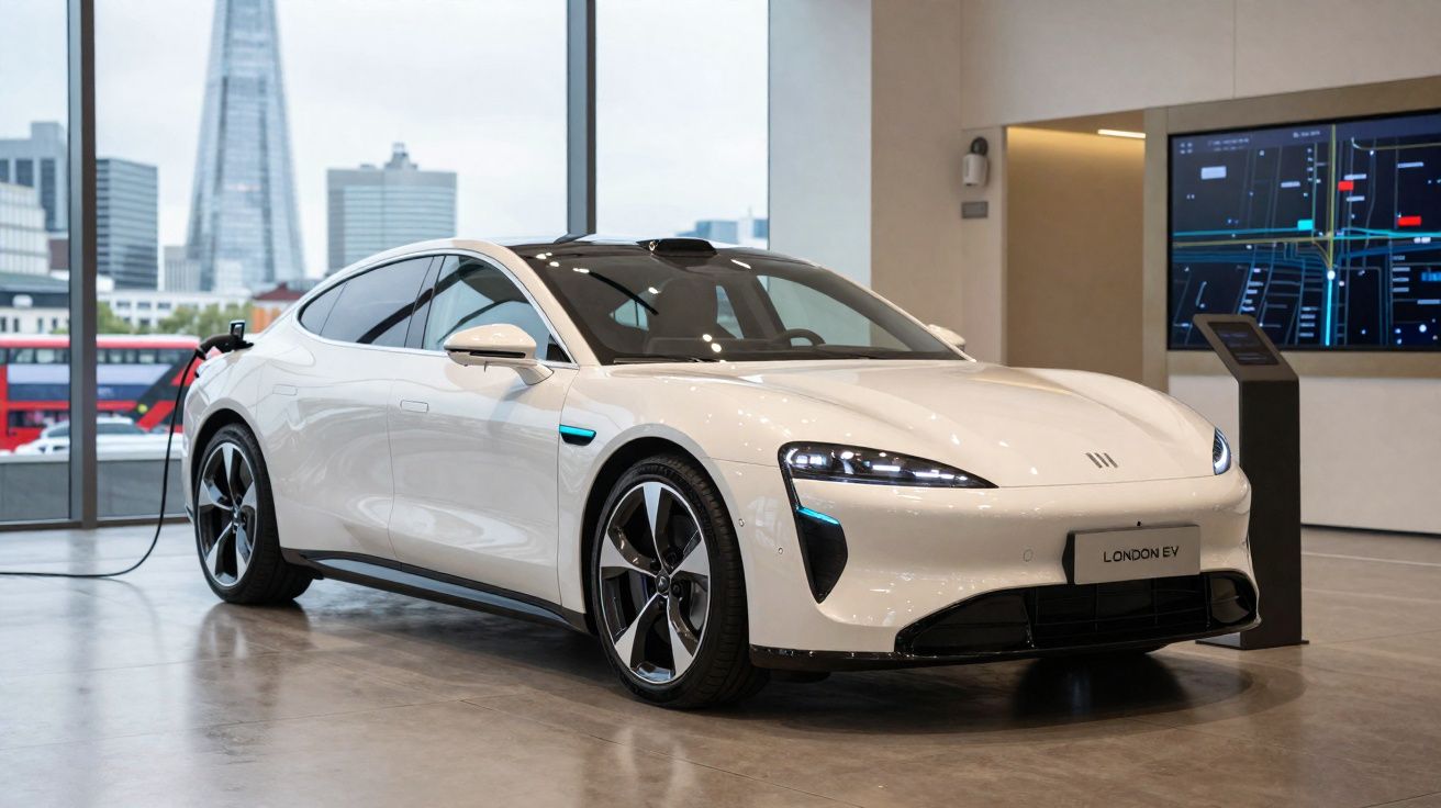 Carro elétrico branco modelo London EV estacionado e conectado a carregador em ambiente interno moderno.