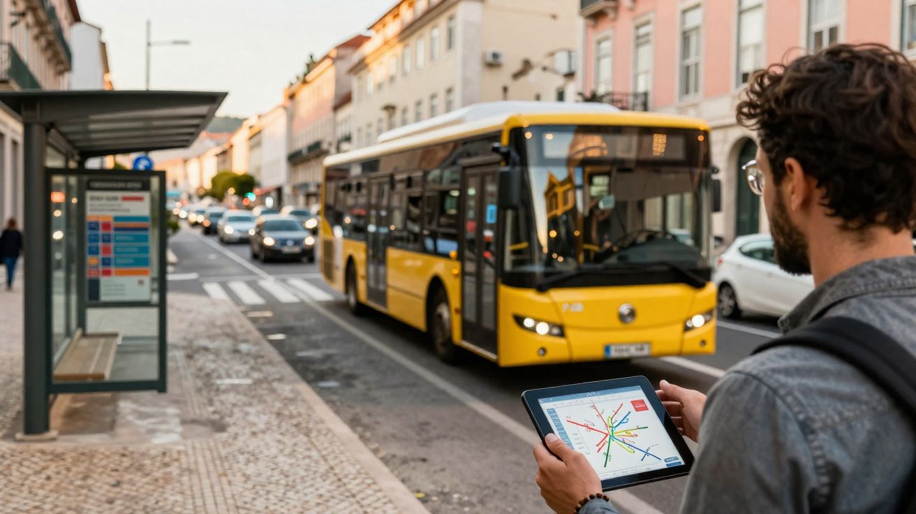 Homem com tablet consulta mapa de transporte enquanto espera ônibus amarelo em ponto urbano.