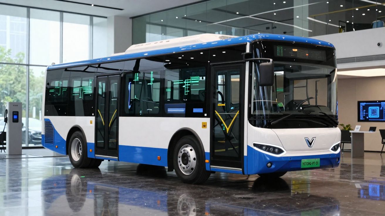 Ônibus elétrico moderno azul e branco estacionado dentro de um showroom com piso refletivo.