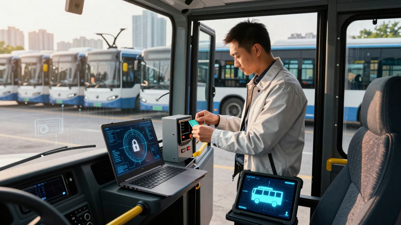 Homem conferindo cartão em ônibus com laptop e tablet exibindo sistema de segurança digital.