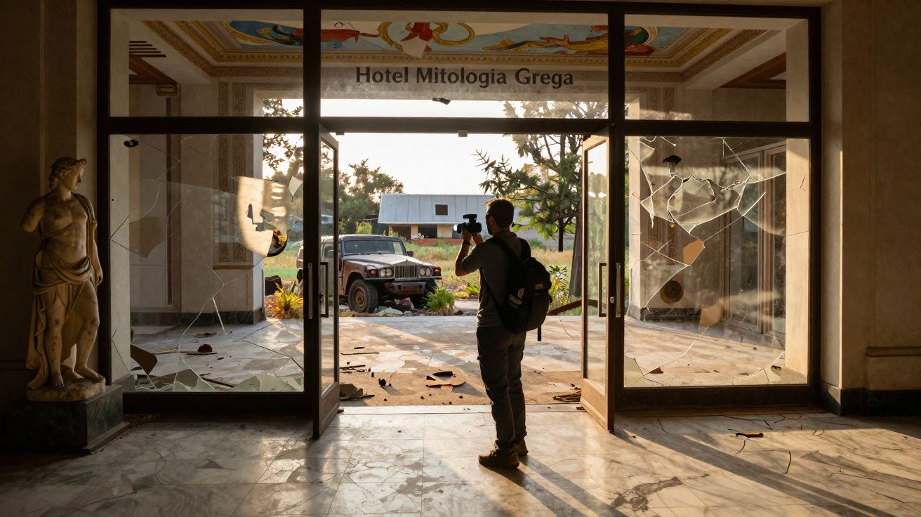 Homem de mochila tira foto da entrada destruída do Hotel Mitologia Grega, com estátua e vidros quebrados.