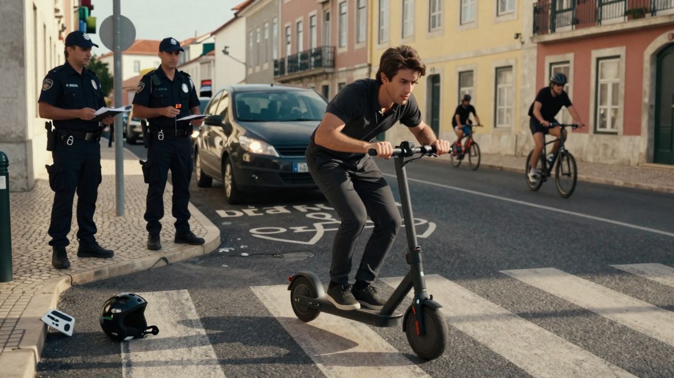 Homem em patinete elétrico cruza faixa de pedestres enquanto policiais anotam ocorrência em rua da cidade.