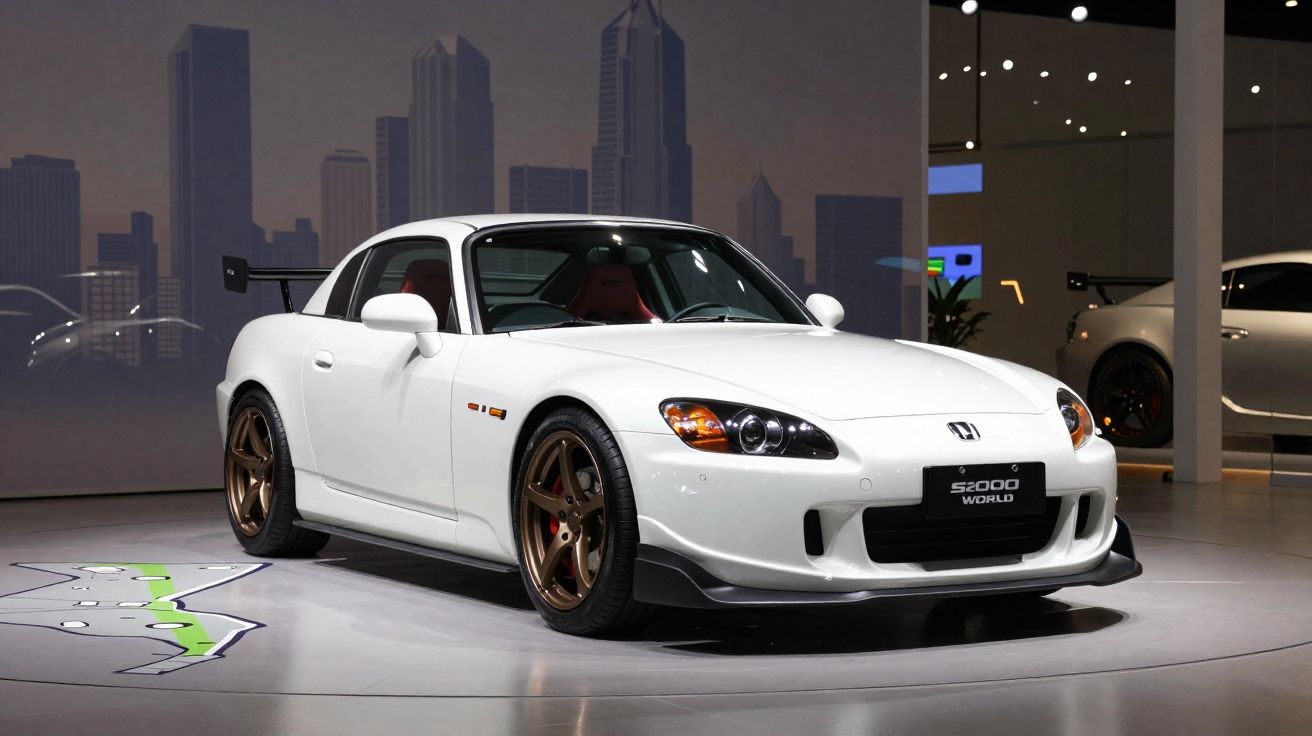 Carro esportivo Honda S2000 branco exposto em ambiente interno com rodas bronze e aerofólio traseiro.