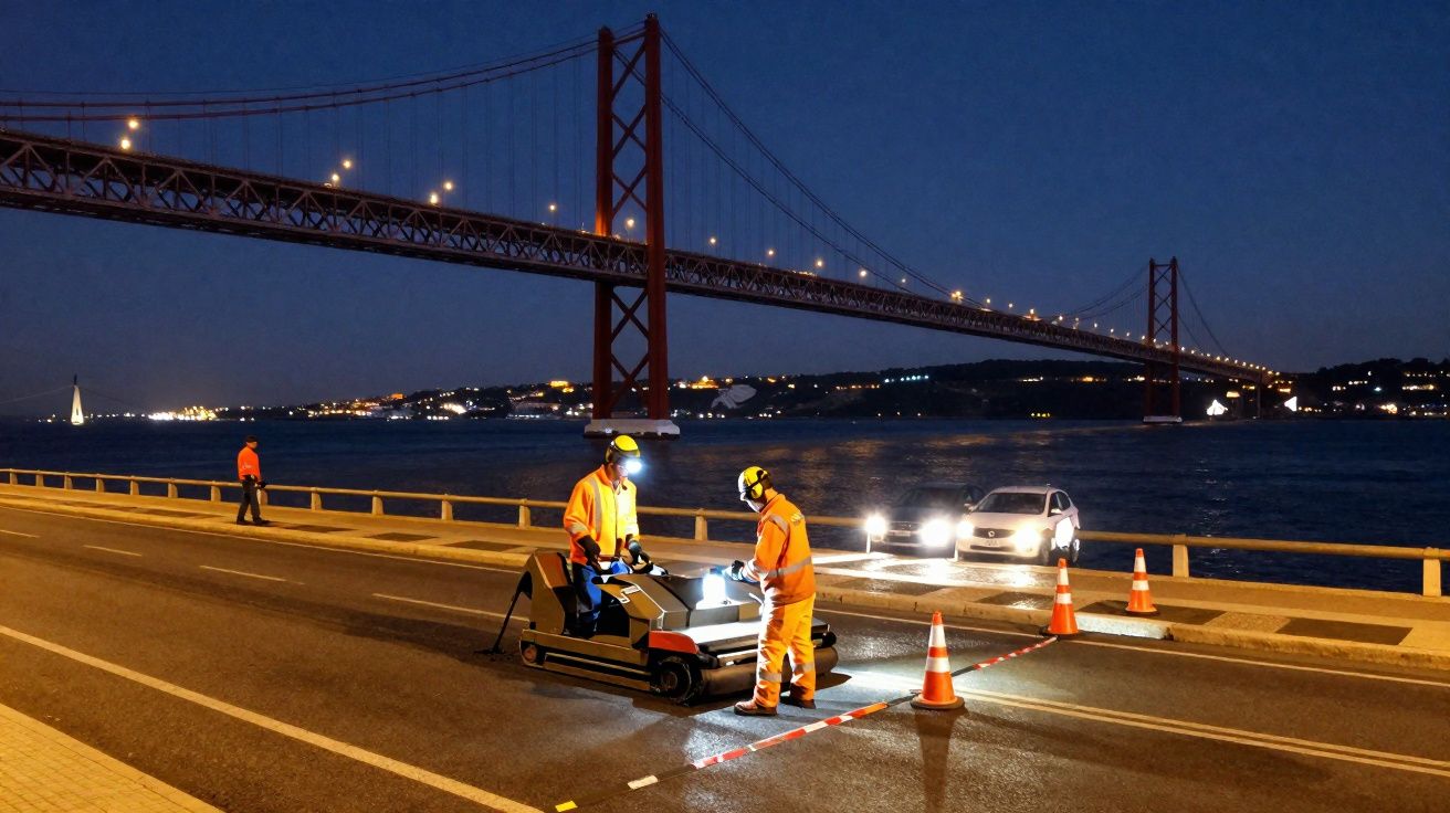 Trabalhadores com equipamentos de segurança realizam obra noturna em estrada à beira de um rio com ponte iluminada ao fundo.