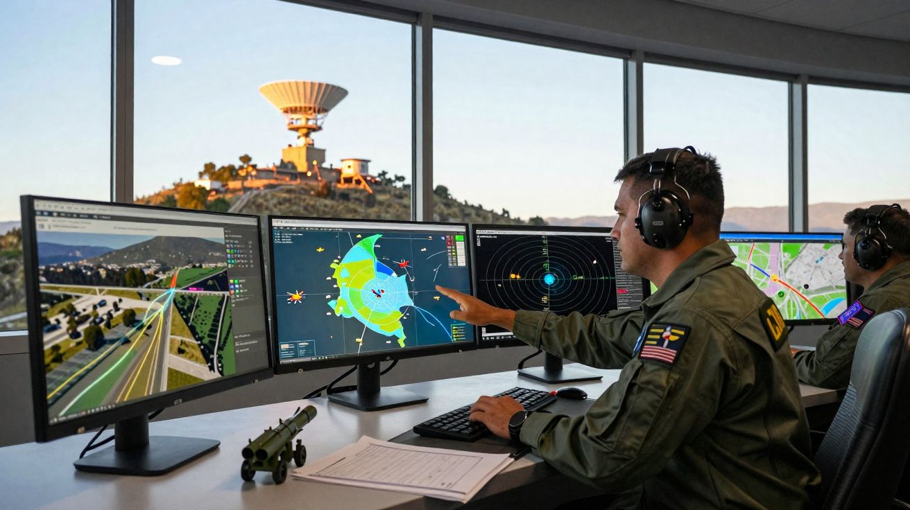 Dois operadores militares monitoram mapas e radares em múltiplas telas com estação radar ao fundo.