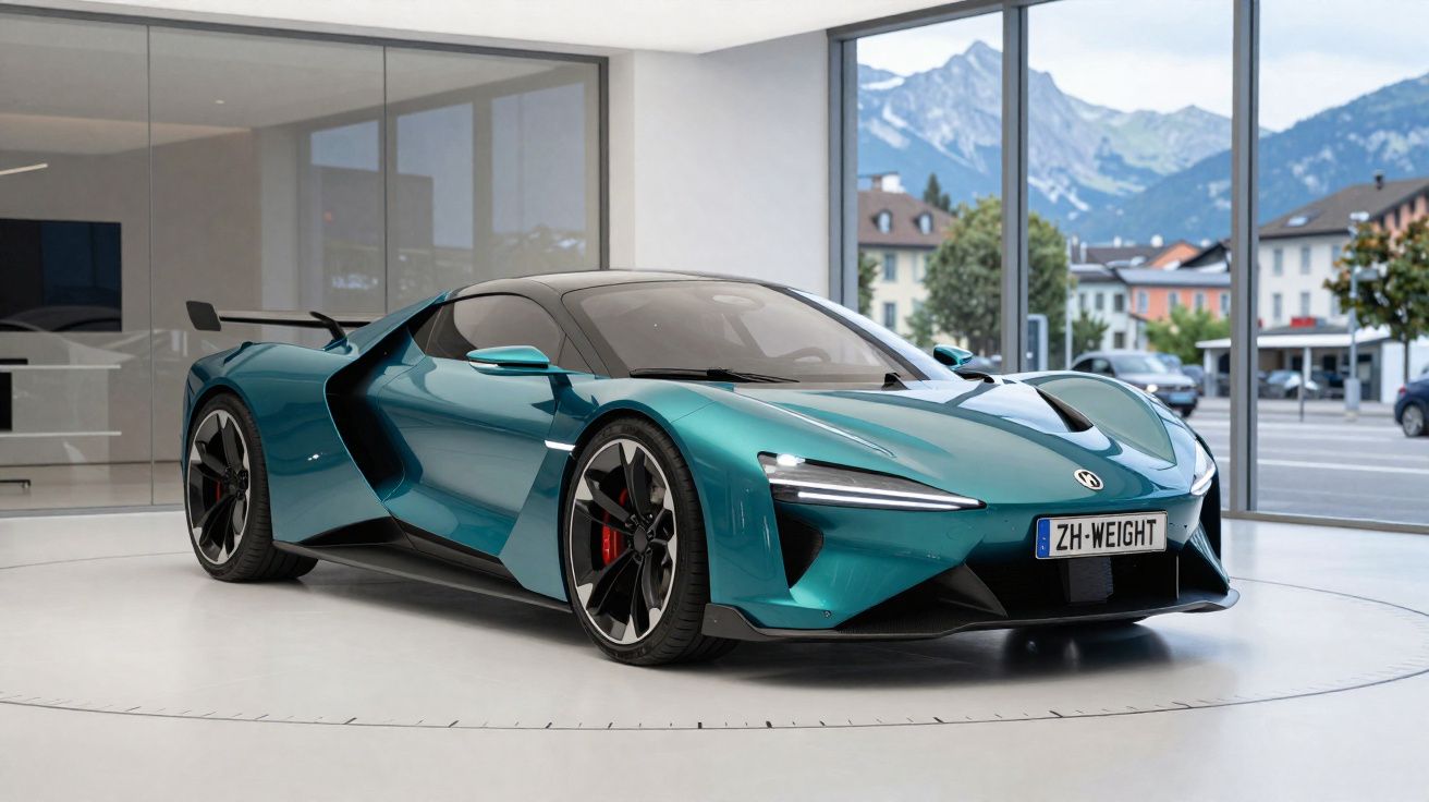 Carro esportivo azul metálico exibido em showroom moderno com grandes janelas e vista para montanhas.