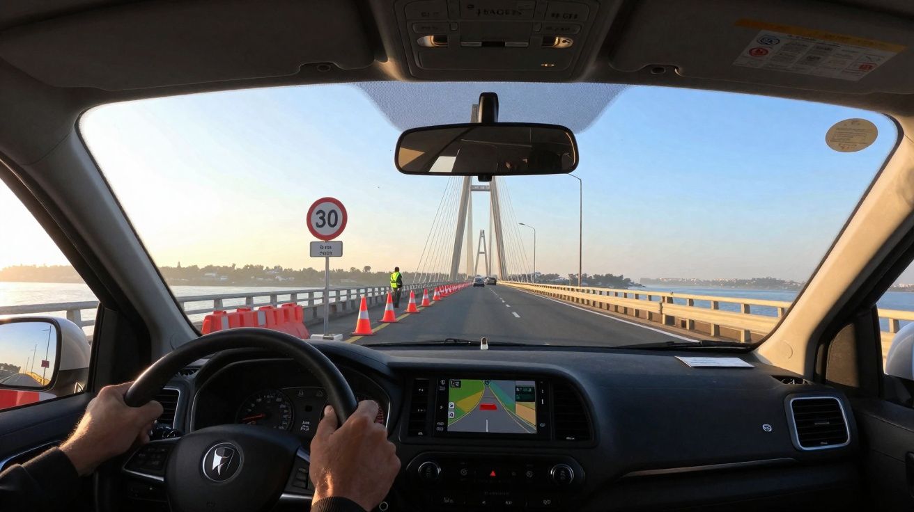 Vista do interior de um carro passando por uma ponte com cone laranja e placa de limite 30 km/h.