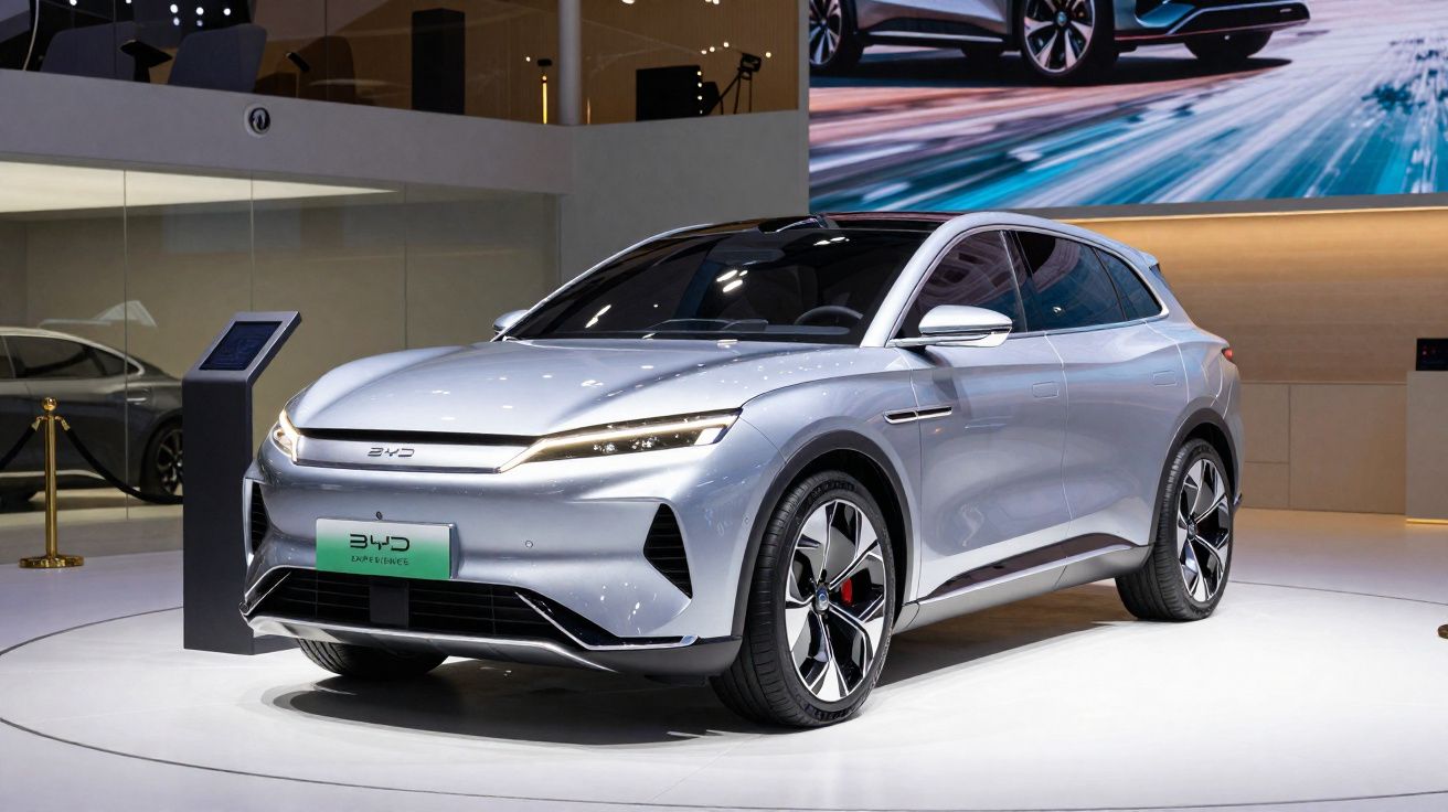 Carro elétrico prata BYD Tang EV apresentado em exposição automotiva com design moderno e futurista.