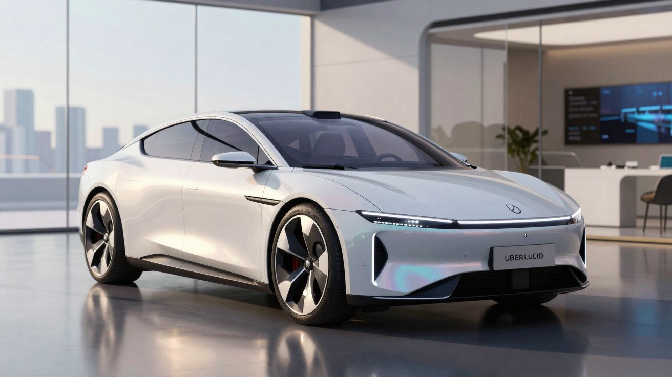 Carro elétrico branco estacionado em ambiente moderno com fachadas de vidro e vista urbana ao fundo.