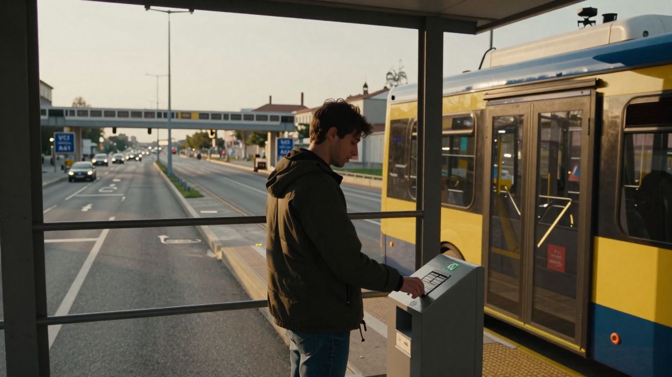 Jovem usando máquina de bilheteira em ponto de ônibus com ônibus amarelo estacionado em via urbana.