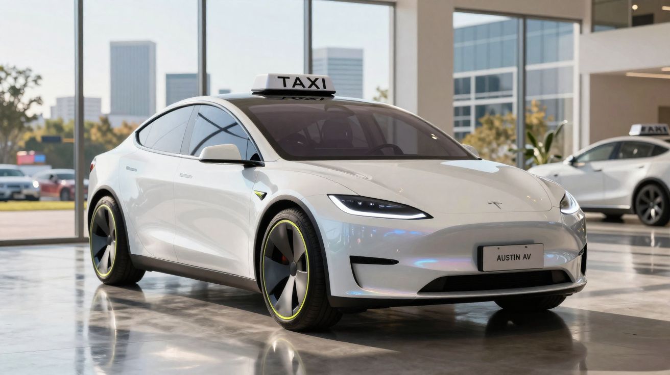 Carro elétrico branco modelo Tesla com placa Austin AV e placa de táxi no teto, em showroom moderno.