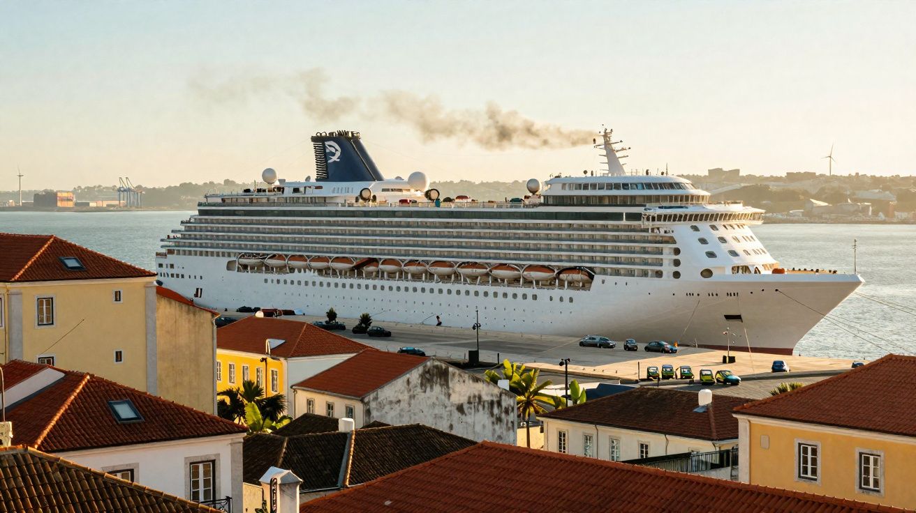 Navio de cruzeiro branco atracado próximo a um porto com edifícios de telhado vermelho ao redor.