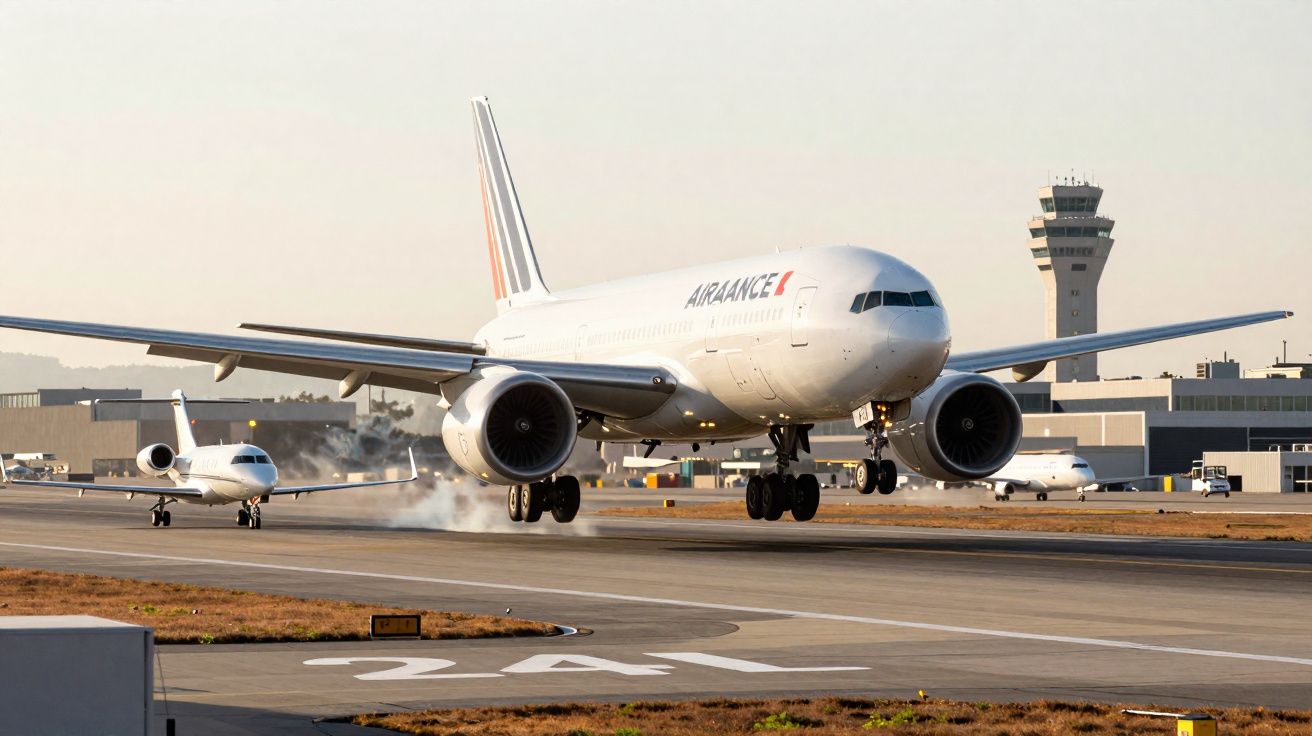 Avião da Air France tocando pista para pouso em aeroporto com torre de controle ao fundo.