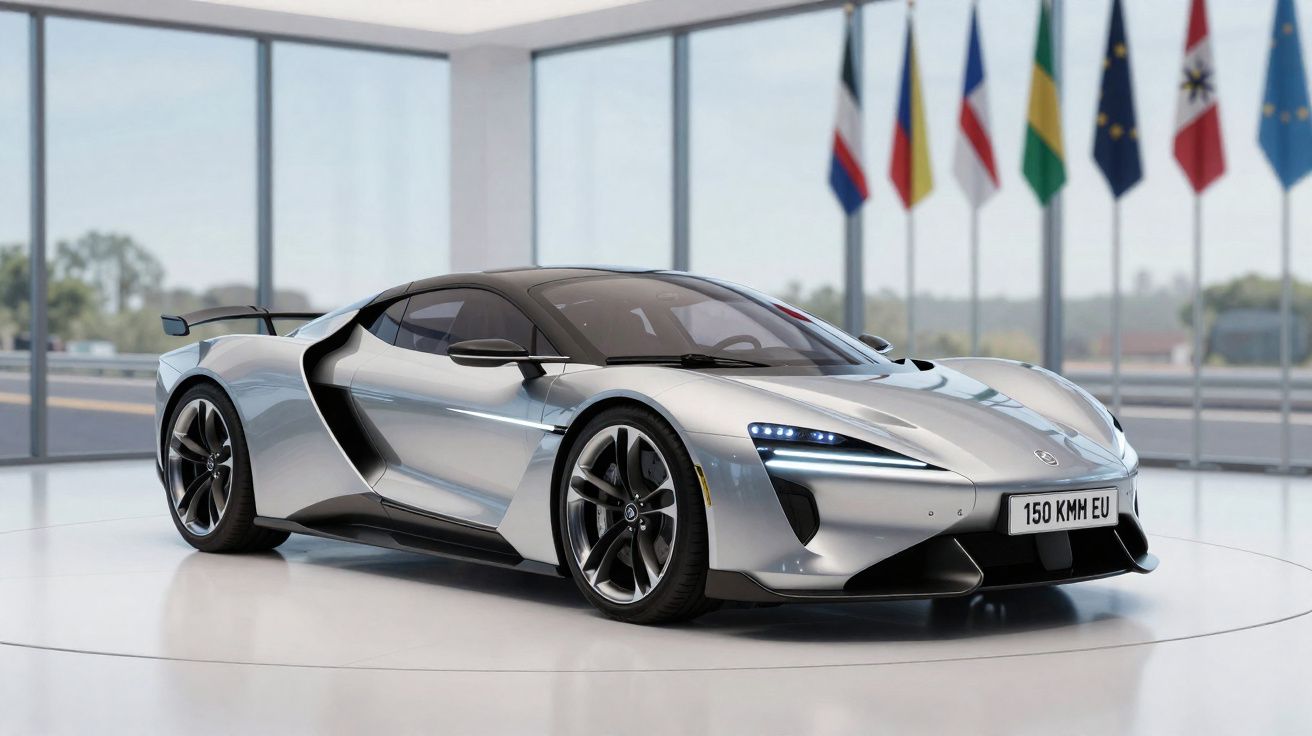 Carro esportivo elétrico prateado em showroom com bandeiras ao fundo e placa 150 KMH EU.