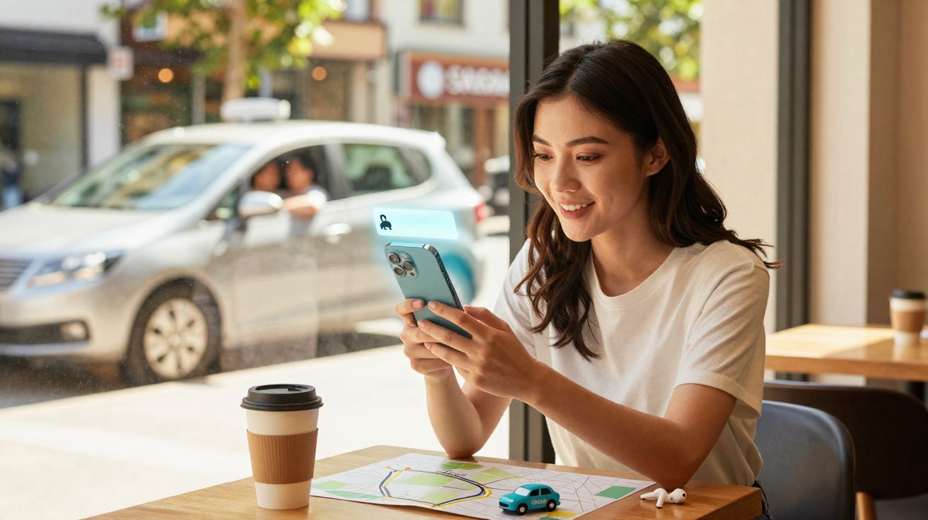Mulher sorridente usando celular em cafeteria com mapa e xícara de café na mesa ao lado de janela.