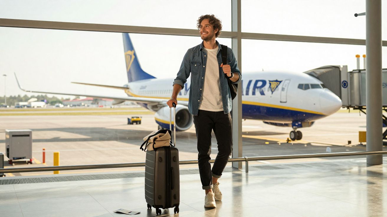 Homem sorridente com mochila e mala de viagem em aeroporto, com avião ao fundo.