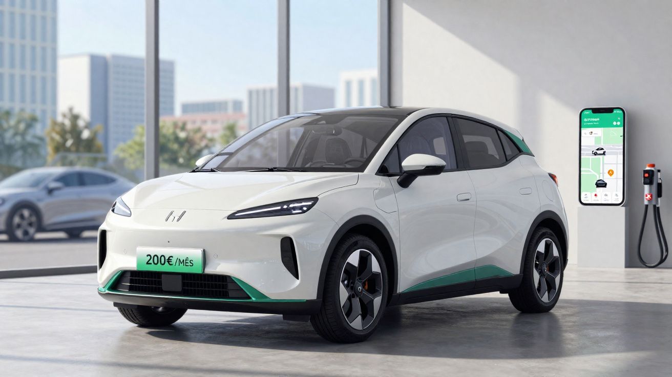 Carro elétrico branco estacionado em garagem moderna com aplicativo de controle aberto ao lado.