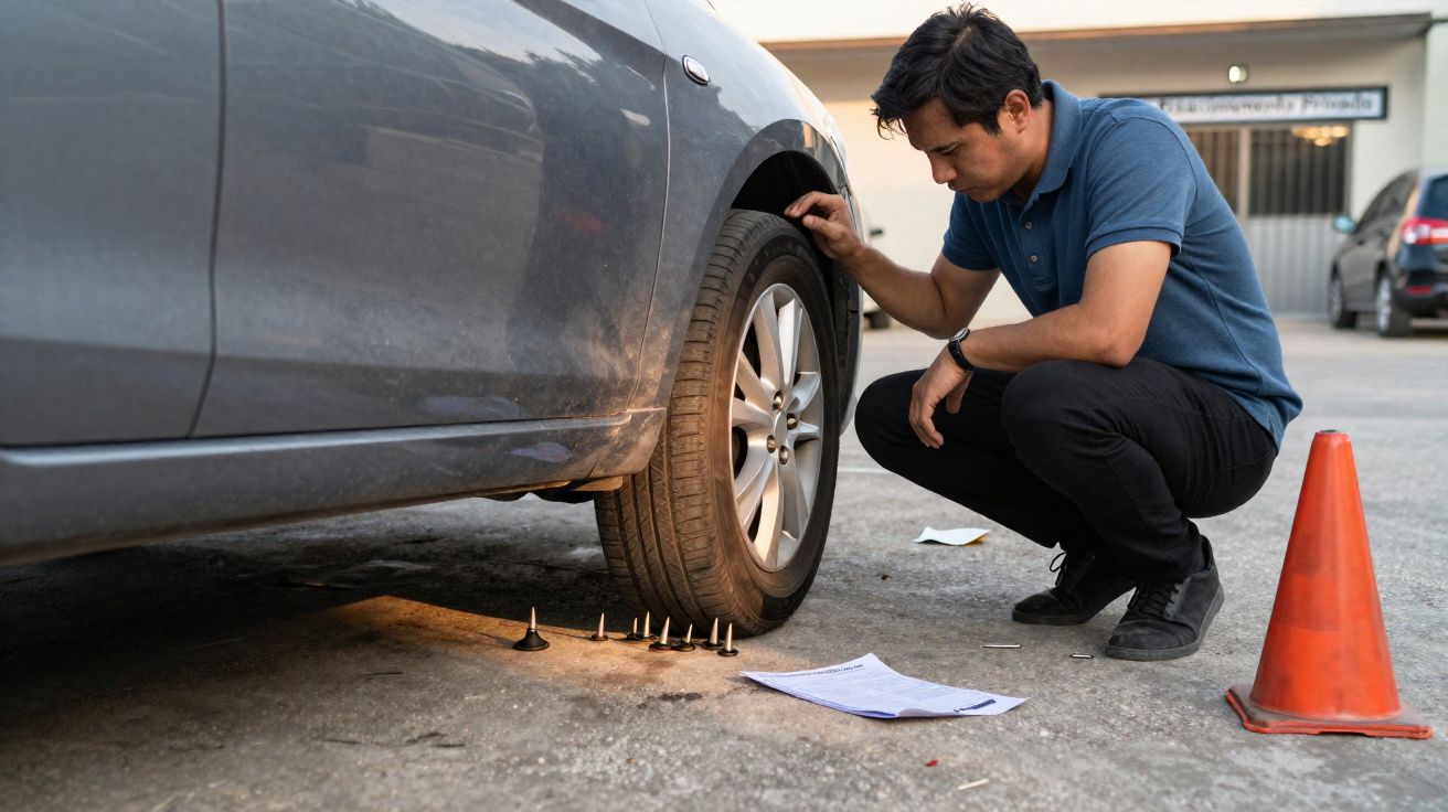 Homem agachado examinando pneus furados e pregos no chão ao lado de carro cinza estacionado.