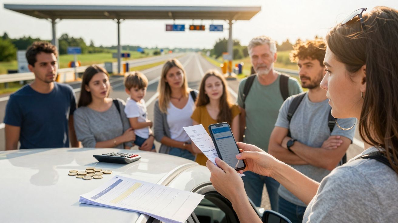 Grupo de pessoas reunidas ao lado de carro com documentos e smartphone na mão, possivelmente resolvendo um problema.