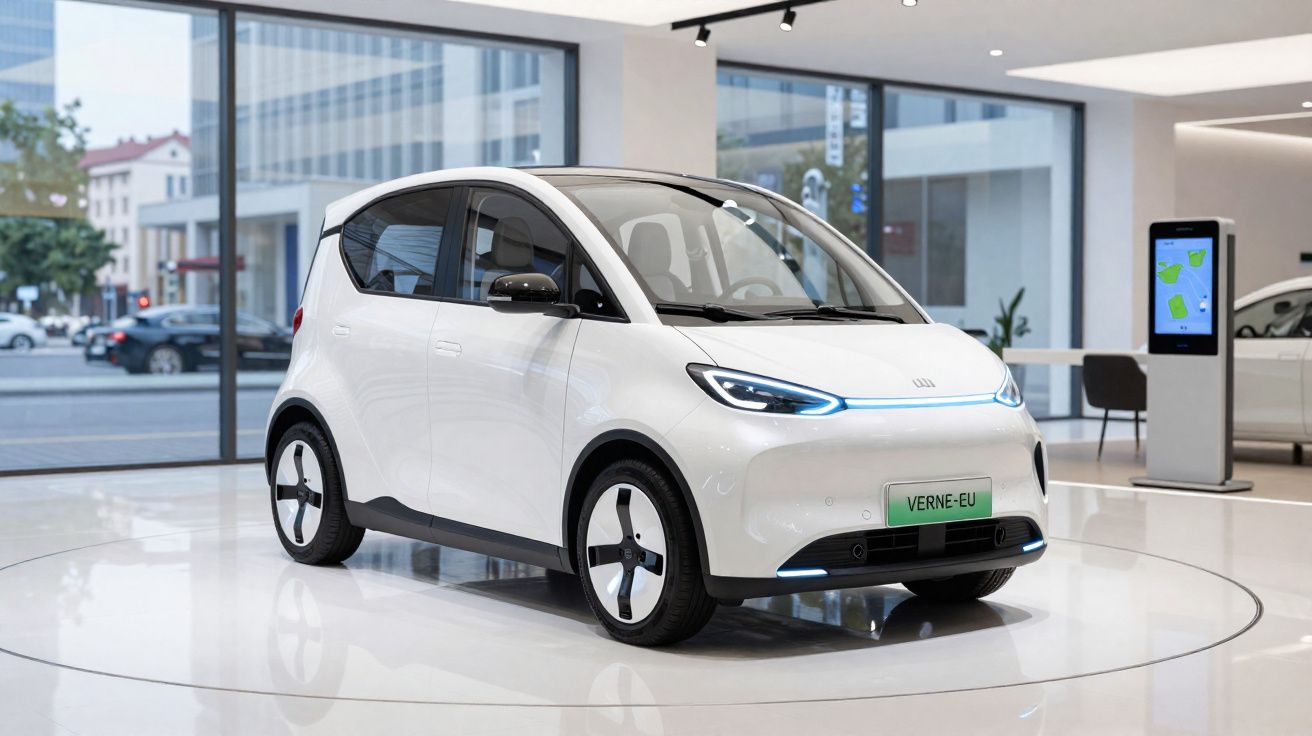 Carro elétrico compacto branco exposto em salão moderno com grandes janelas de vidro.