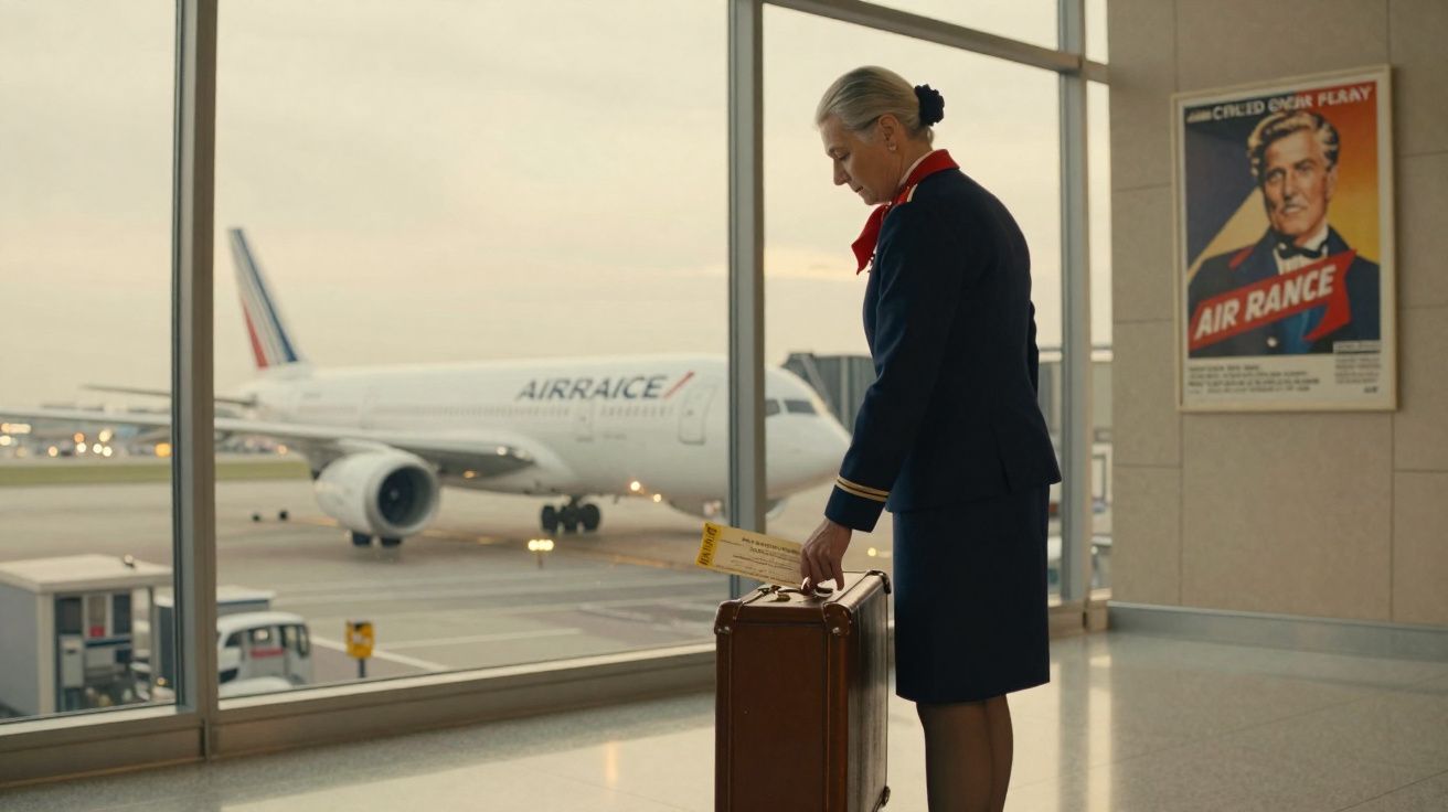 Aeromoça com uniforme azul e gravata vermelha segura mala e bilhete no aeroporto com avião Air France ao fundo.