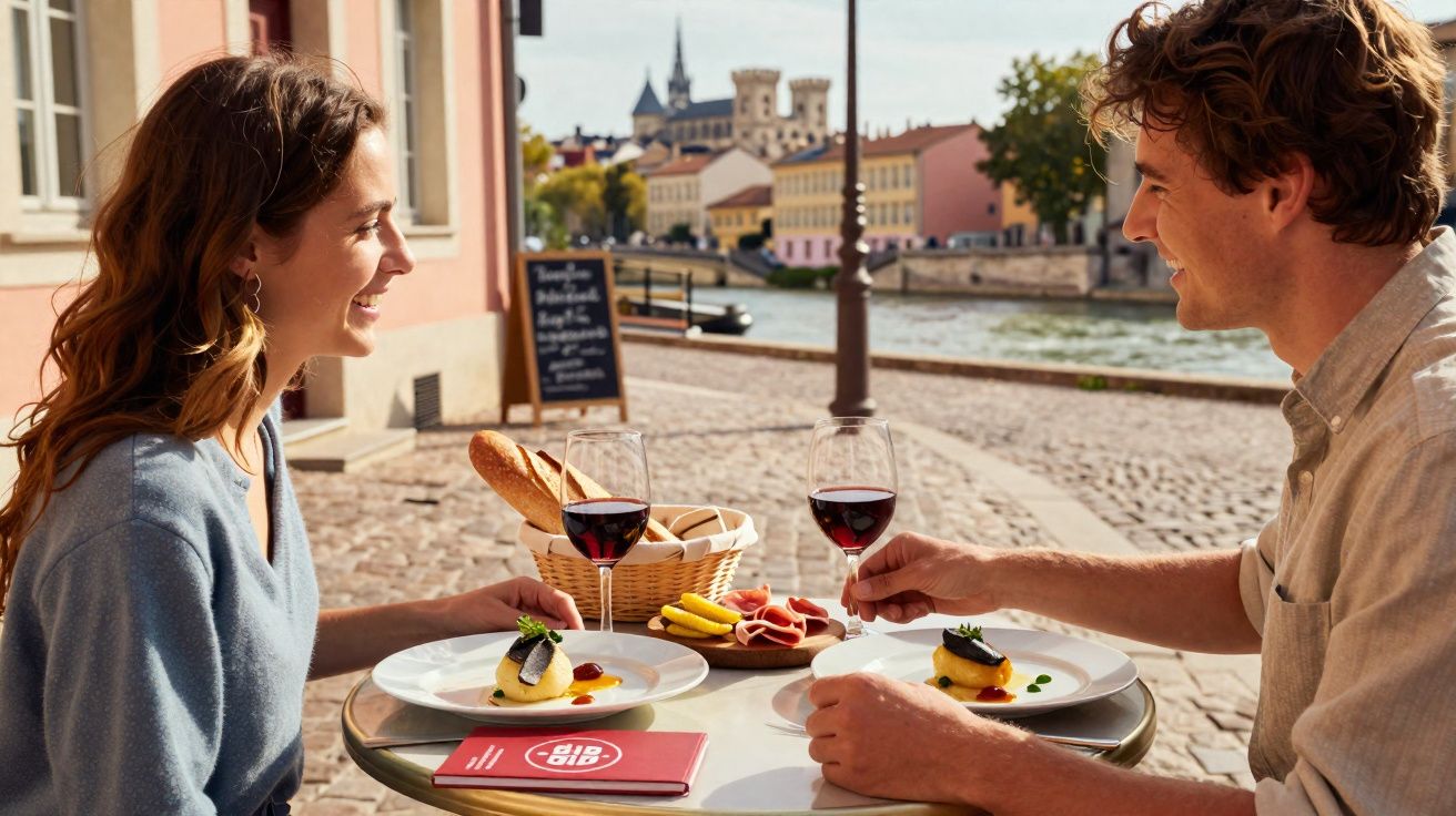 Casal sorridente jantando ao ar livre à beira de um rio com pratos finos e taças de vinho tinto.