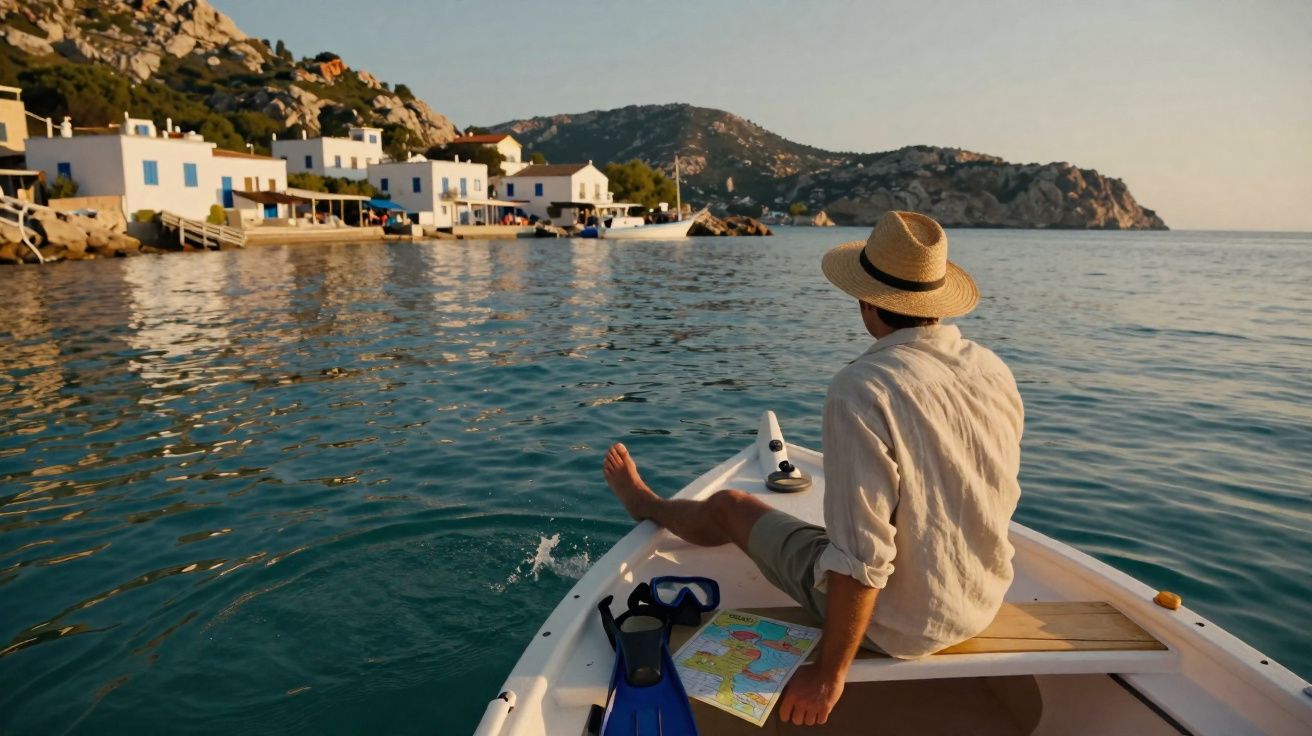 Homem com chapéu sentado em barco, olhando para casas brancas à beira-mar em dia ensolarado.