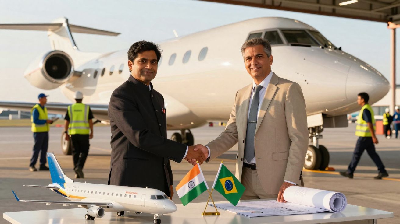 Dois homens apertando as mãos em sinal de acordo em aeroporto com avião e miniatura de avião na mesa.