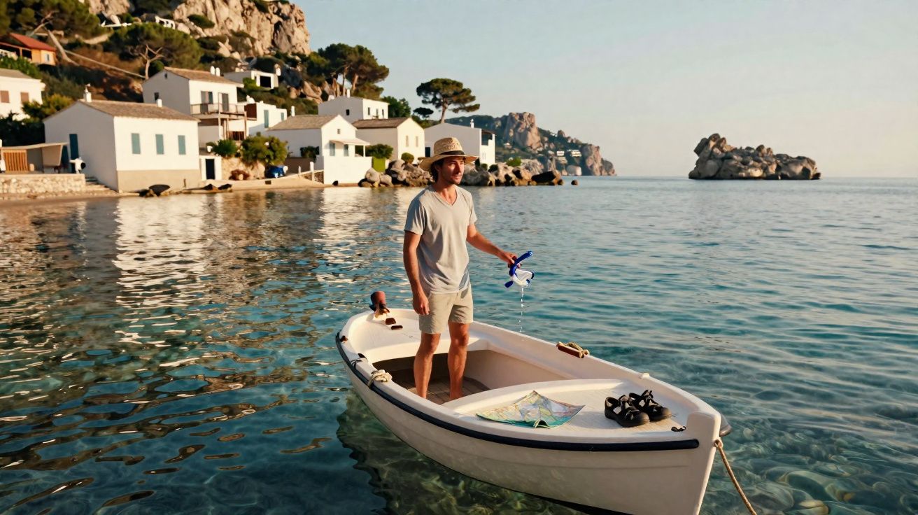 Homem de chapéu em barco branco perto de casa branca à beira de mar calmo sob luz do pôr do sol.