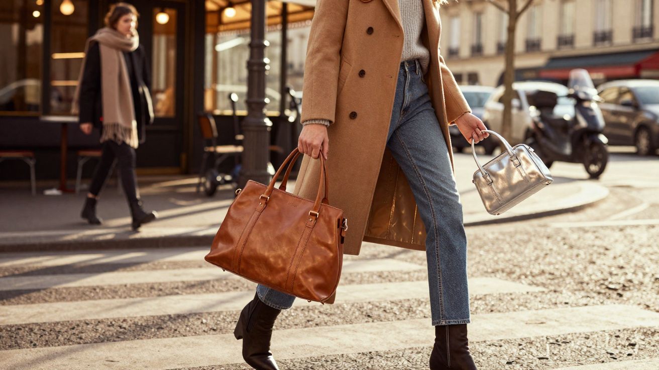 Mulher usando casaco bege, jeans e botas pretas, caminhando e carregando duas bolsas na rua.