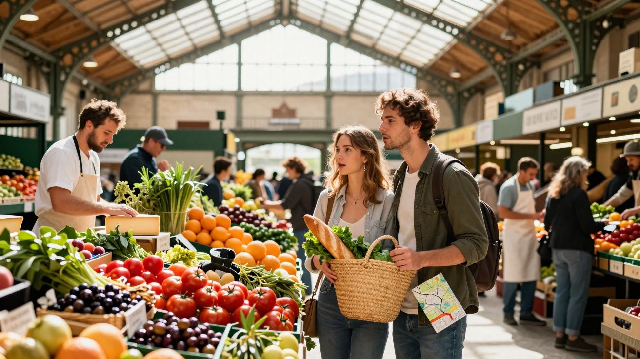 Casal jovem com cesta faz compras em mercado coberto de frutas e verduras frescas, com vendedores ao fundo.