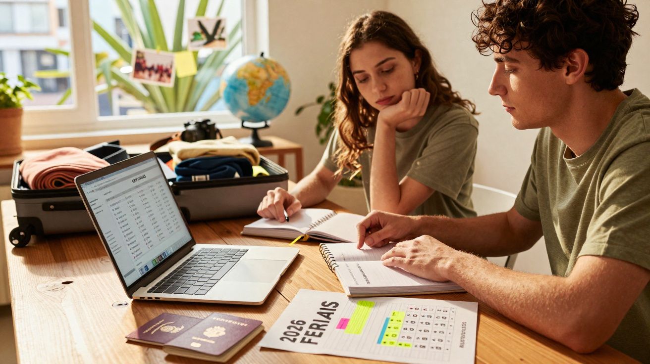 Casal jovem planejando viagem com passaportes, laptop e calendário de feriados em mesa de madeira.