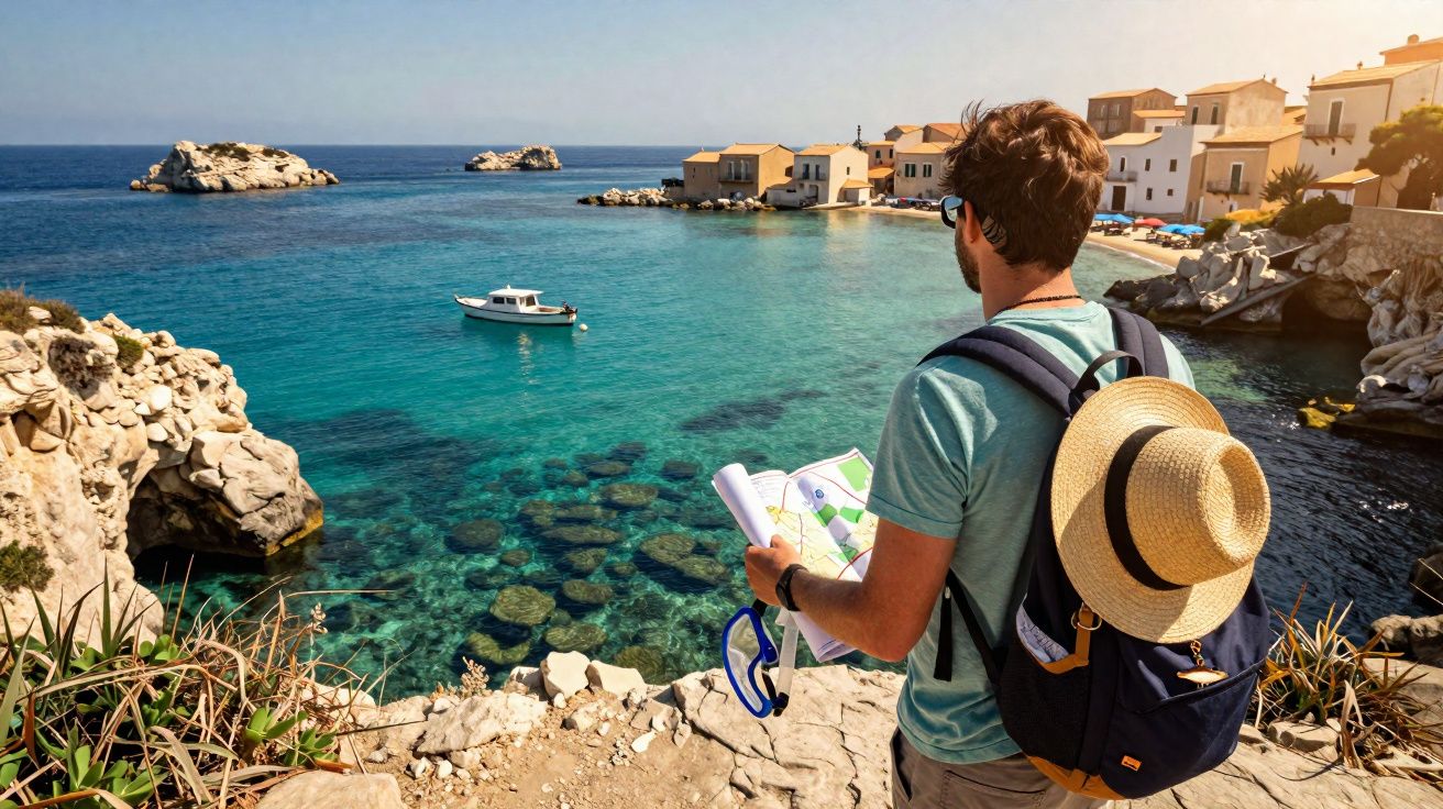 Homem com mochila e chapéu observa o mar azul cristalino e vilarejo costeiro ensolarado.