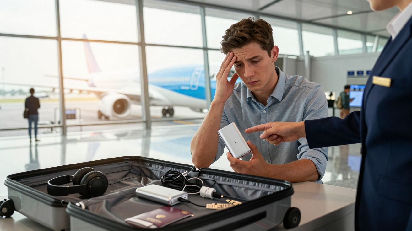 Homem preocupado mostrando carregador portátil para funcionária do aeroporto durante inspeção de bagagem.