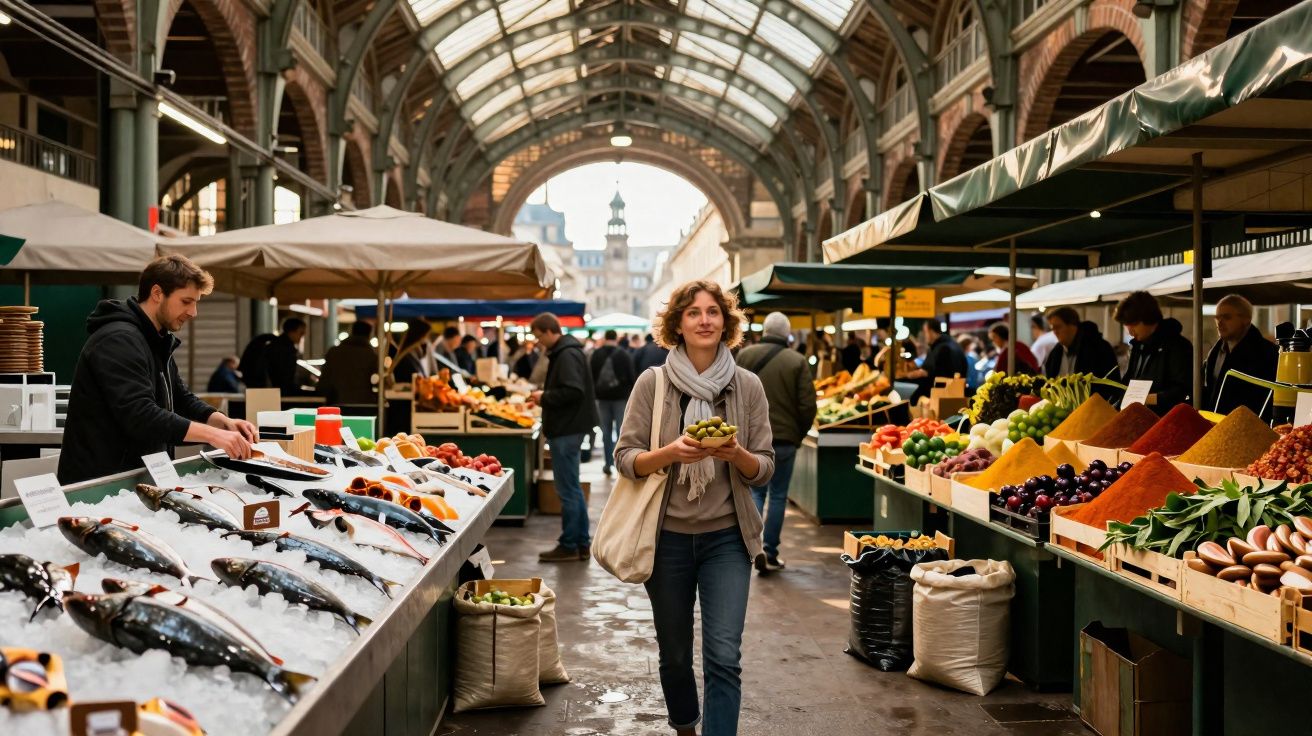 Mulher caminhando com sacola em mercado coberto com barracas de peixes, frutas e especiarias.