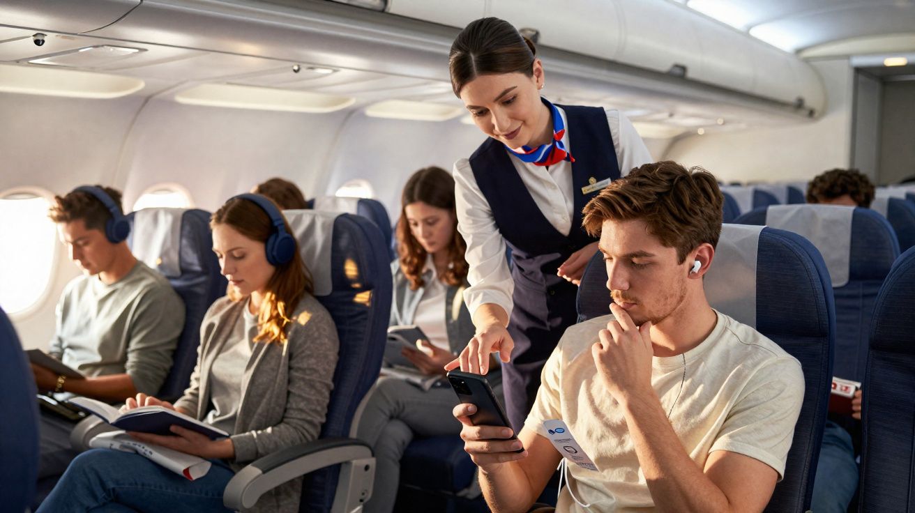 Comissária de bordo ajuda passageiro com celular dentro do avião, outros passageiros estão sentados usando fones.