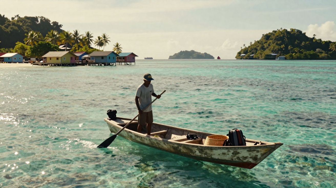 Homem remando em barco de madeira sobre águas cristalinas com casas coloridas e ilhas ao fundo.