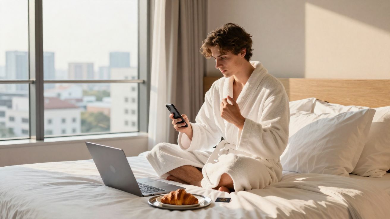 Jovem sentado na cama de roupão branco usando celular e laptop, com prato de croissant ao lado.