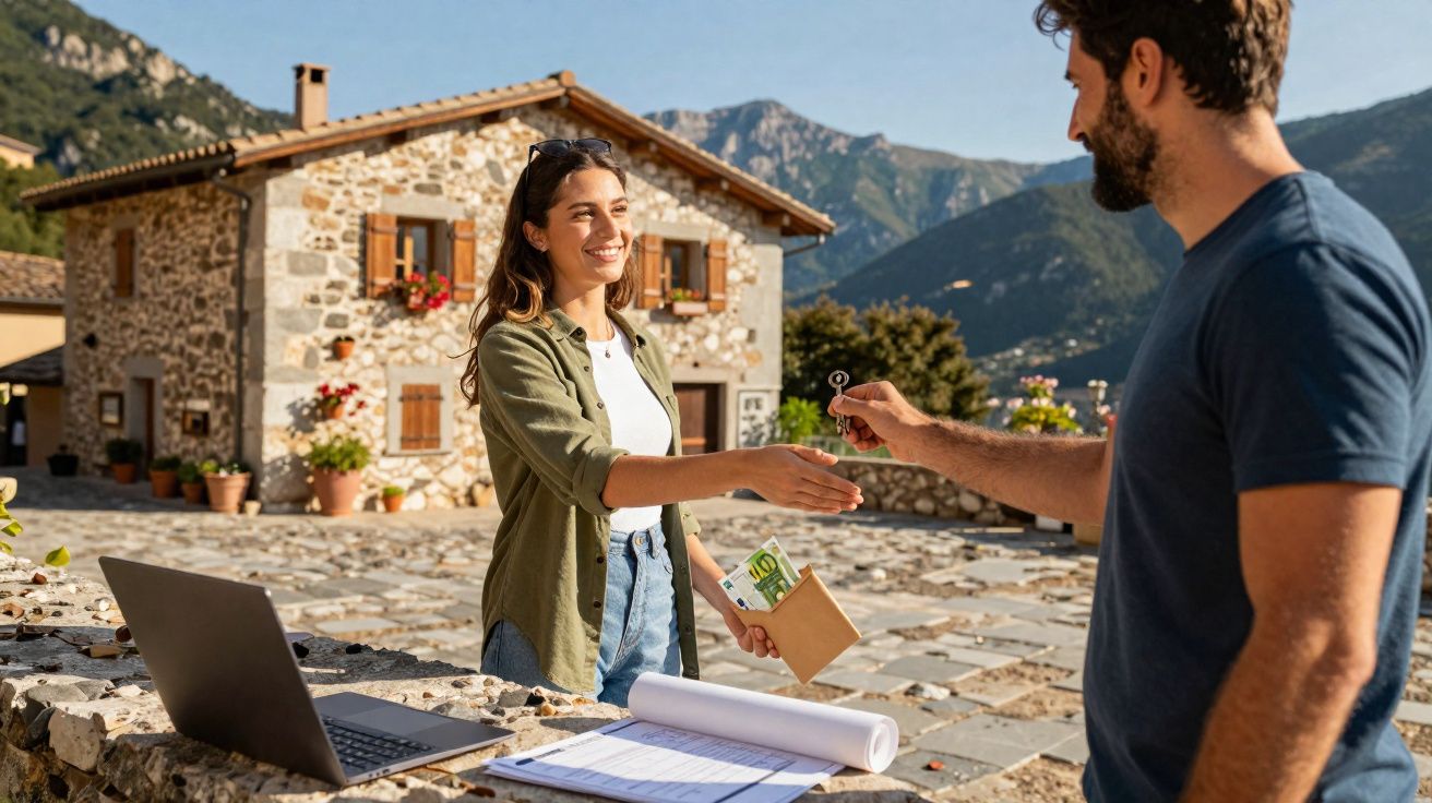 Homem entrega chave para mulher sorridente em frente a casa de pedra em área montanhosa ensolarada.